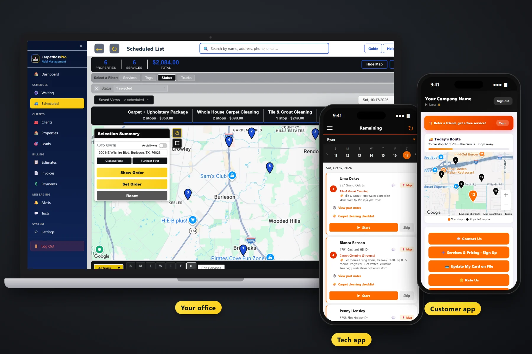 CarpetBossPro on a laptop showing the carpet cleaning waiting list and dispatch map, with the tech app and the customer app on two phones